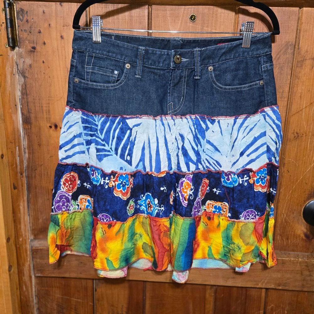 X2 Quality Denim Tiered Ruffle Mini Skirt Mixed Print Boho Patchwork Size 6